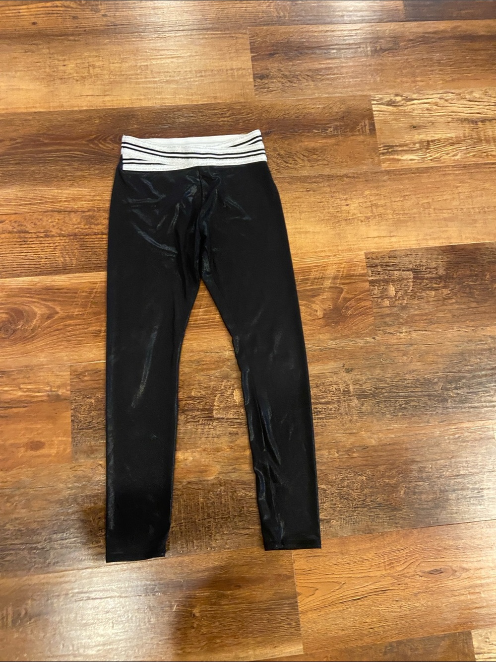More Than Magic Black Shiny Leggings with White Striped Waistband